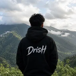DrisH, seen from behind in a DrisH hoodie, looking out over green hills